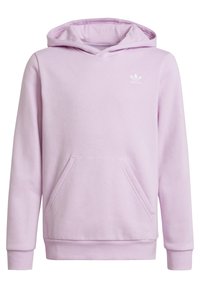 Lichtpaarse Adidas hoodie met een voorzak en subtiele witte Adidas-logo op de linkerborst, lange mouwen en een capuchon.