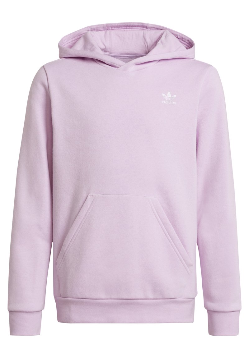 Sudadera Adidas de color púrpura claro con bolsillo frontal tipo canguro y sutil logo blanco de Adidas en el lado izquierdo del pecho, de manga larga y con capucha.