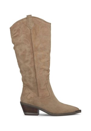 Tannfarbene Wildleder-Cowboy-Stiefel mit spitzer Zehe, gesteppten Wirbelmustern und einem Blockabsatz mittlerer Höhe. Hoher Schaft mit Zuglasche an der Oberseite.
