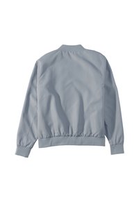 Light gray bomber jacket with a lightweight fabric, ribbed cuffs and hem, and a simple, smooth design. Back view shows no additional details.