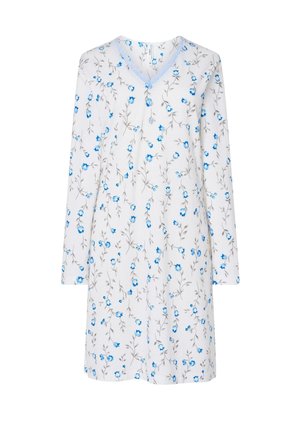 Camisa de dormir floral con mangas largas, con un fondo blanco, patrones de flores azules, un escote en V y detalles de botones en la parte frontal.