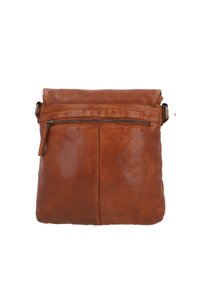 Borsa a tracolla in pelle marrone con tasca frontale con zip e cinturino regolabile su sfondo bianco.