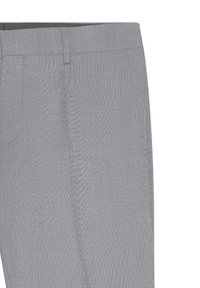 Pantaloni grigi su misura realizzati in tessuto testurizzato, con fronte piatto, passanti per cintura e tasche laterali.