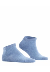 Calcetines hasta el tobillo de color azul, hechos de un material suave y elástico, con un puño acanalado y punta sin costuras. Presentan un diseño de color sólido sin patrones.