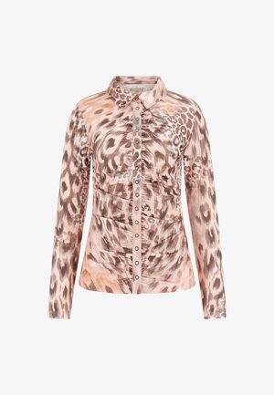 Ilga piedurkne krekls rozā un brūnā leopardu rakstā, ar pogu aizdari priekšpuss, savākta tekstūra un klasiskā apakšmalas dizains.