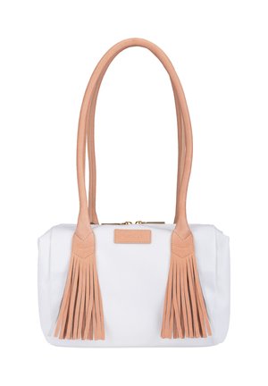 Weiße Handtasche mit langen hellbraunen Ledergriffen und passenden Quastenverzierungen auf schlichtem weißem Hintergrund.