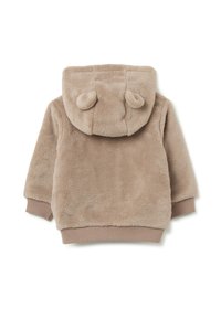 Sudadera de forro polar beige con una textura suave, presenta una capucha redondeada con dos pequeños acentos en forma de orejas y puños acanalados.