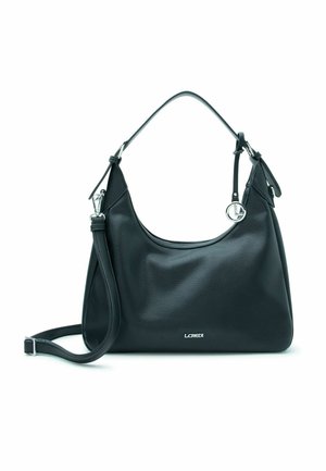 Sac à bandoulière en cuir noir avec quincaillerie en argent, logo L.CREDI, bandoulière ajustable et détachable, et charme de marque circulaire.