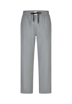 Graue Nadelstreifen-Hosen mit elastischem Bund und schwarzem Kordelzug, gerade geschnitten, vor weißem Hintergrund präsentiert.