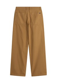 Bruine katoenen comfortabele broek met wijde pijpen en twee achterzakken. Heeft een gestikte tailleband en zoom, zonder zichtbare branding aan de achterkant.