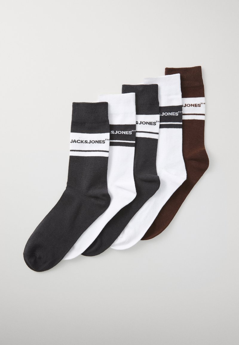 Öt pár zokni: sötétszürke, fehér és barna. Mindegyik pár kontrasztos csíkkal és fekete "JACK & JONES" logóval rendelkezik. Pamut keverék anyag.