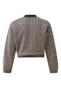 Zkrácená bunda s kostkovaným vzorem v béžové, námořnické a růžové barvě. Vyrobena z texturované tkaniny s nařasenými rukávy a námořnickým límcem.