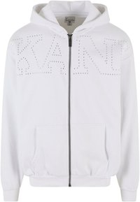 Hvit zip-up hettegenser laget av myk stoff. Har naglede bokstaver "KANT" på forsiden og sidelommer. Elastiske mansjetter og hem.
