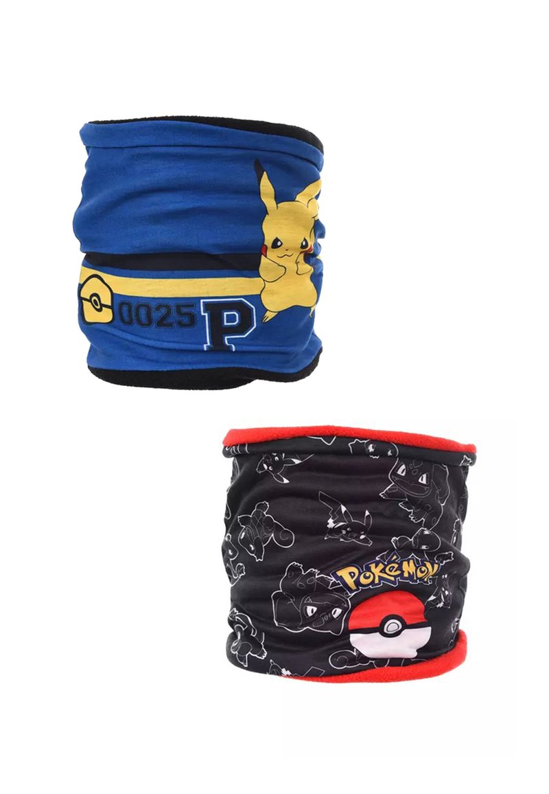 Twee stoffen nekgaiters. De ene is blauw met Pikachu en het Pokémon-logo; de andere is zwart met Pokémon-patronen en rode rand. Zacht, rekbaar materiaal.