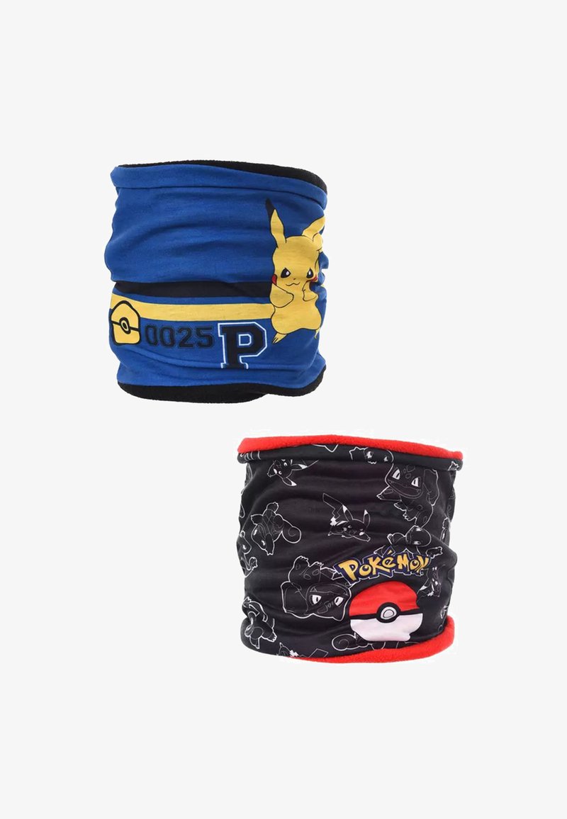 Deux tour de cou en tissu. L'un est bleu avec Pikachu et le logo Pokémon ; l'autre est noir avec des motifs Pokémon et une bordure rouge. Matériau doux et extensible.