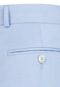 Jasnoniebieskie spodnie z gładkiego materiału, z prostym przodem i pojedynczą, guzicznie zapinaną tylnią kieszenią ze sznurkowym wykończeniem.