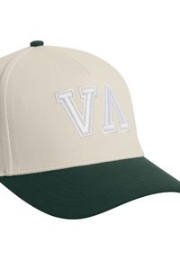 Beige cap with a green visor, featuring white embroidered “VΛ” lettering on the front. Textured fabric with a structured shape.