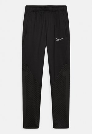 Schwarze Sporthosen mit glatter Oberfläche, ausgestattet mit einem elastischen Bund, seitlichen Taschen und einem strukturierten schwarzen Muster an den Unterschenkeln.