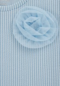 Textil cu dungi de culoare albastru deschis, cu o embellisment floral albastru transparent și stratificat. Prezintă o textură moale și detalii de design delicate.