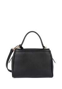 Borsa in pelle nera con design strutturato, manico superiore e spallaccio rimovibile. Presenti dettagli in metallo dorato.