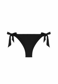 Svart bikini underdel med knytaccenter på varje sida, högskurna benöppningar och en slät tygtextur. Enkel, minimalistisk design.