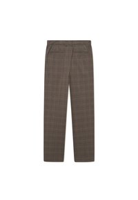 Pantalons marron à carreaux avec une coupe ajustée, dotés de poches latérales et arrière, fabriqués à partir d'un tissu texturé. Design à l'avant plat.