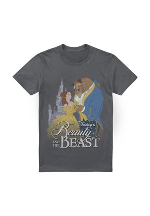 Graues T-Shirt mit Charakteren aus "Die Schöne und das Biest." Die Grafik zeigt Belle in einem gelben Kleid und das Biest in einem blauen Outfit vor einer Schlosskulisse.