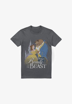 Gray t-shirt featuring characters from "Beauty and the Beast." Graphic depicts Belle in a yellow dress and Beast in a blue outfit against a castle backdrop.