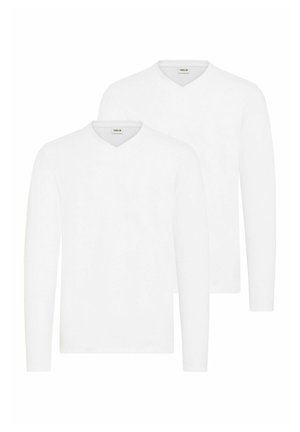 Două tricouri albe cu mânecă lungă și decolteu în V, realizate dintr-un material neted, cu un design simplu, fără modele sau accente.