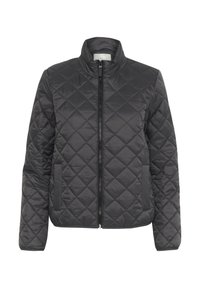 Quiltet mørkegrå jakke med høj krave, frontlynlås, to sidelommer og glat stofstruktur. Firkantet mønster over det hele.