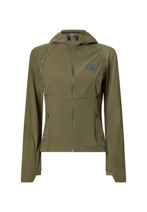 Sweat à capuche zippé intégralement de couleur vert olive avec cordon de serrage ajustable à la capuche, manches longues, poches latérales zippées, et un petit logo sur le côté gauche de la poitrine.