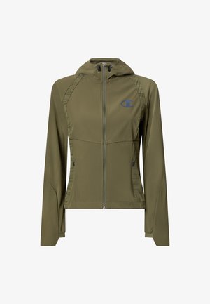 Sweat à capuche zippé intégralement de couleur vert olive avec cordon de serrage ajustable à la capuche, manches longues, poches latérales zippées, et un petit logo sur le côté gauche de la poitrine.