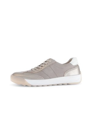 Lace-up athletic shoes in light beige leather with metallic accents, white rubber sole, rounded toe, and textured side panels.