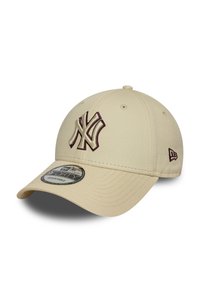 Beige baseball cap with a rounded crown, embroidered maroon "NY" logo, adjustable strap, and textured fabric. Features a curved brim.