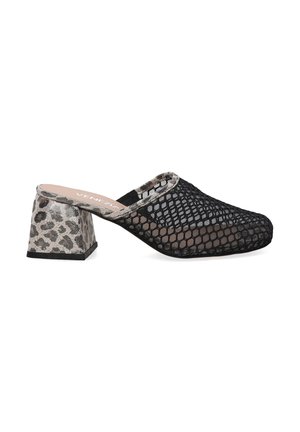 Black mesh slip-on mules with a leopard print textured block heel. Features a rounded toe and open back design.