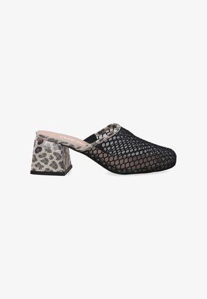 Black mesh slip-on mules with a leopard print textured block heel. Features a rounded toe and open back design.