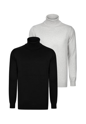 Dos suéteres de cuello alto: uno negro y uno gris claro. Tienen un cuello y puños acanalados, con una textura de tela suave.