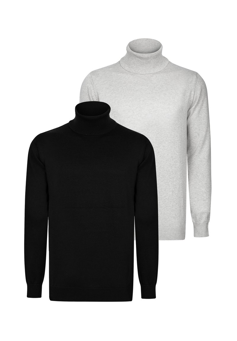 Zwei Rollkragenpullover: einer in Schwarz und einer in Hellgrau. Sie besitzen einen gerippten Kragen und Bündchen und haben eine glatte Stofftextur.