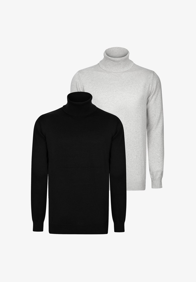 Zwei Rollkragenpullover: einer in Schwarz und einer in Hellgrau. Sie besitzen einen gerippten Kragen und Bündchen und haben eine glatte Stofftextur.
