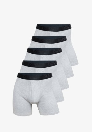 Fem par grå bomulds-boxershorts med sorte elastiske taljer med præget branding. Standard pasform med en glat tekstur.
