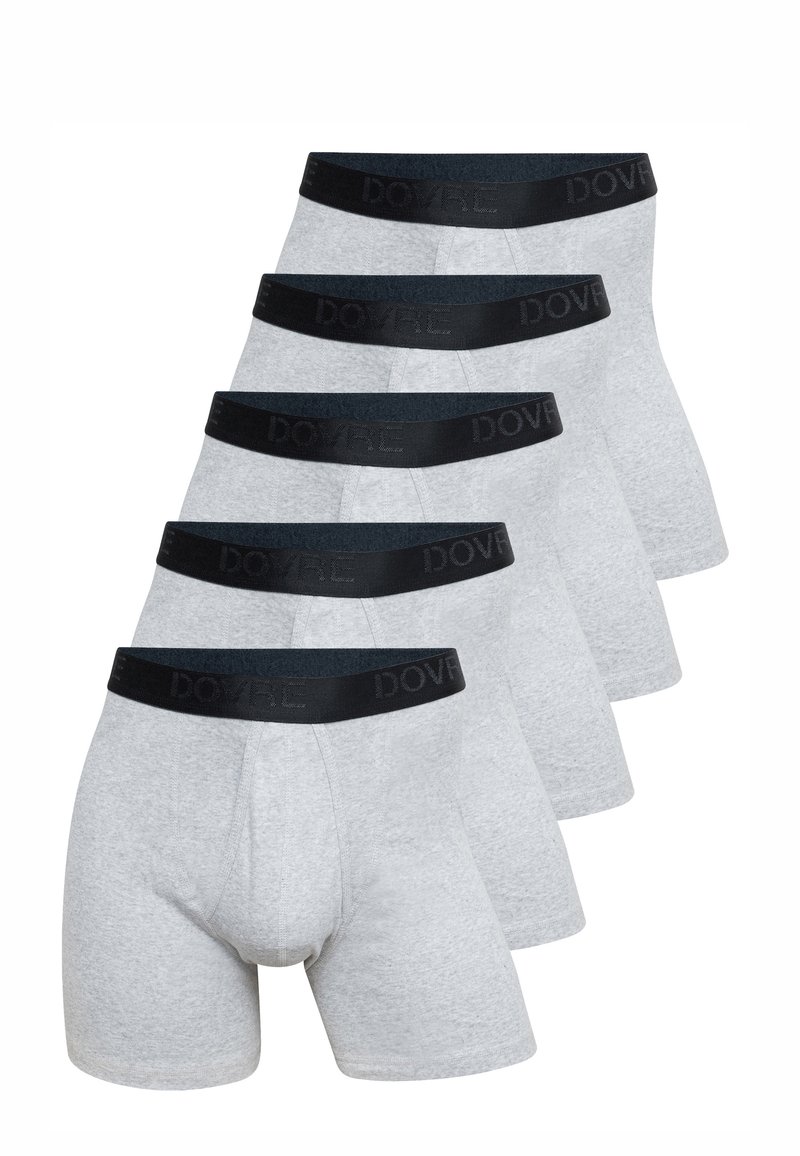 Five pairs of gray cotton boxer shorts featuring black elastic waistbands with embossed branding. Standard fit with a smooth texture.