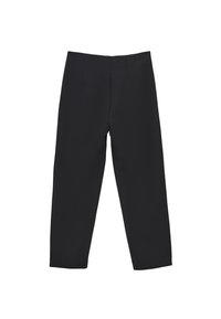 Zwarte pantalons met een rechte pasvorm, met een gladde textuur, plooien bij de tailleband en een enkellange snit. Geen zichtbare hardware.