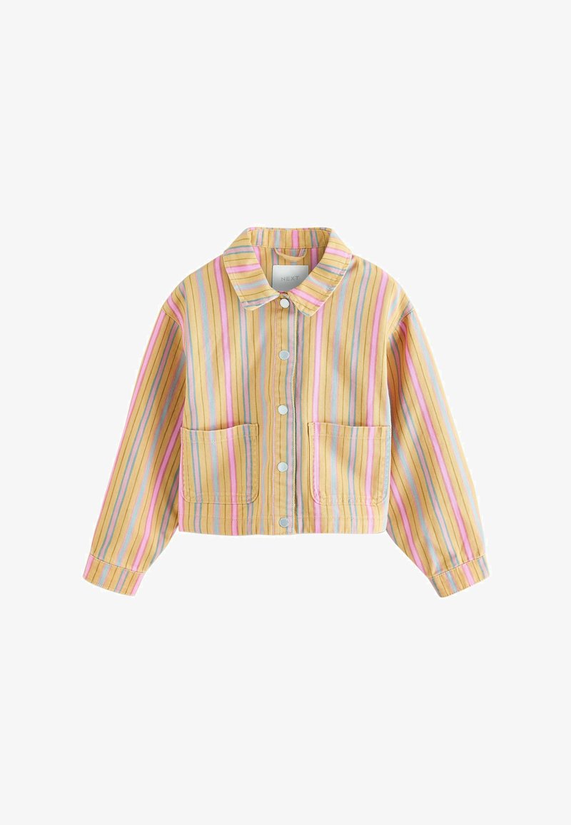 Crop jacket lavet af bomuld med et mønster i gule, pink og blå striber. Har en krave, to forlommer og knaplukning.