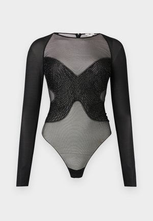 Svart genomskinlig långärmad body med nätmaterial och intrikat texturerad detaljering på bålen och bröstområdet.