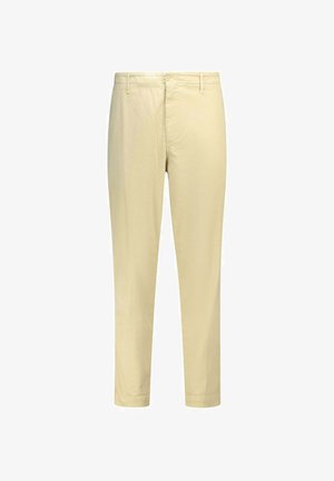 Pantalons en coton dans une teinte jaune clair, avec une coupe droite, fermeture éclair, et poches latérales. Texture lisse avec des coutures simples.