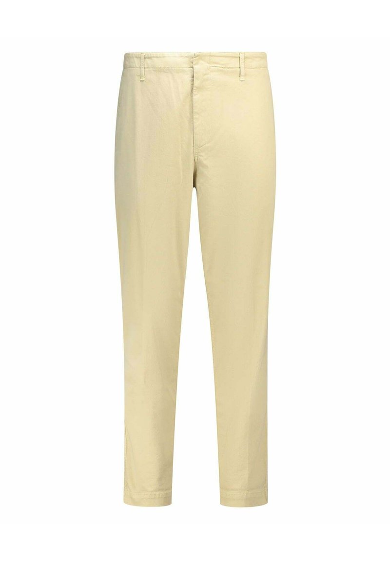 Pantaloni di cotone in una tonalità gialla chiara, caratterizzati da un design a gamba dritta, chiusura con zip e tasche laterali. Texture liscia con cuciture semplici.