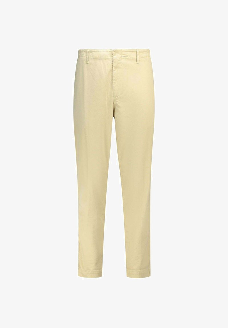 Pantaloni di cotone in una tonalità gialla chiara, caratterizzati da un design a gamba dritta, chiusura con zip e tasche laterali. Texture liscia con cuciture semplici.