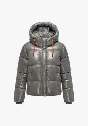 Puffy gray jacket with a high collar and a hood, featuring orange drawstrings, ribbed cuffs, and horizontal stitch patterns.