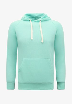Licht turquoise hoodie met lange mouwen, voorzak en witte trekkoorden aan de capuchon.