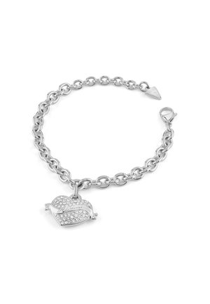 Silberarmband mit großer Gliederkette, ausgestattet mit einem glänzenden Herzanhänger, der mit klaren Kristallen verziert ist, und einem Karabinerverschluss.